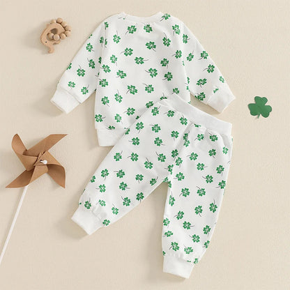 Baby Toddler Girls Boys 2Pcs St. Patrick's Day Outfit Four Leaf Clover Shamrock Print Long Sleeve Crewneck Top and Elastic Pants Jogger Set