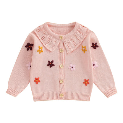 Baby Toddler Girls Cardigan Sweater 3D Flower Design Button Down Long Sleeve Knitted Top