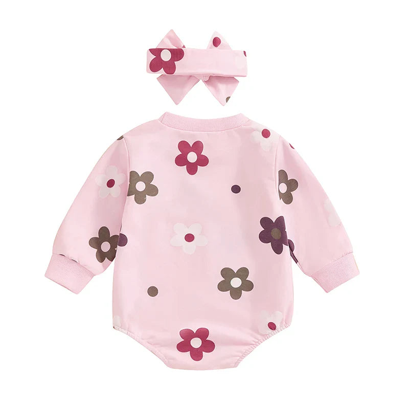 Baby Girls 2Pcs Buble Romper Floral Flowers Print Round Neck Long Sleeve Jumpsuit with Headband Fall Set