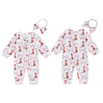 Baby Girl 2Pcs Fall Jumpsuit Ruffled Zip Up Boots Ribbons Print Long Sleeve Round Neck Zipper Romper Bow Headband Set