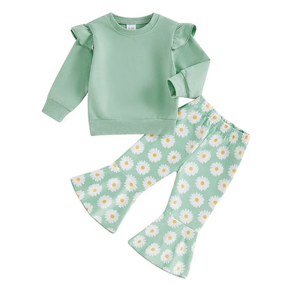 Toddler Kids Girls 2Pcs Fall Outfit Flying Sleeve Solid Color Pullover Top with Flower Floral Flared Pants Set