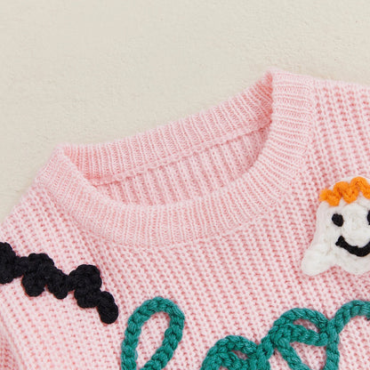 Baby Toddler Girls Halloween Sweater Long Sleeve Round Neck Letter Boo Ghost Embroidery Knit Pullover Top