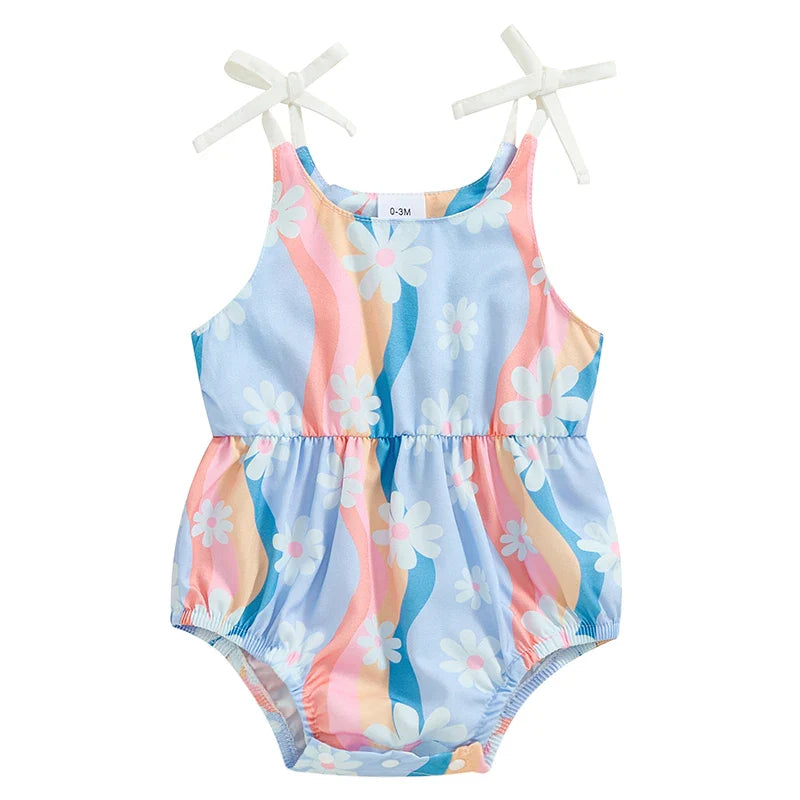 Baby Girls Summer Romper Flower/Butterfly Print Bow Tie Strap Tank Top Sleeveless Round Neck Jumpsuit
