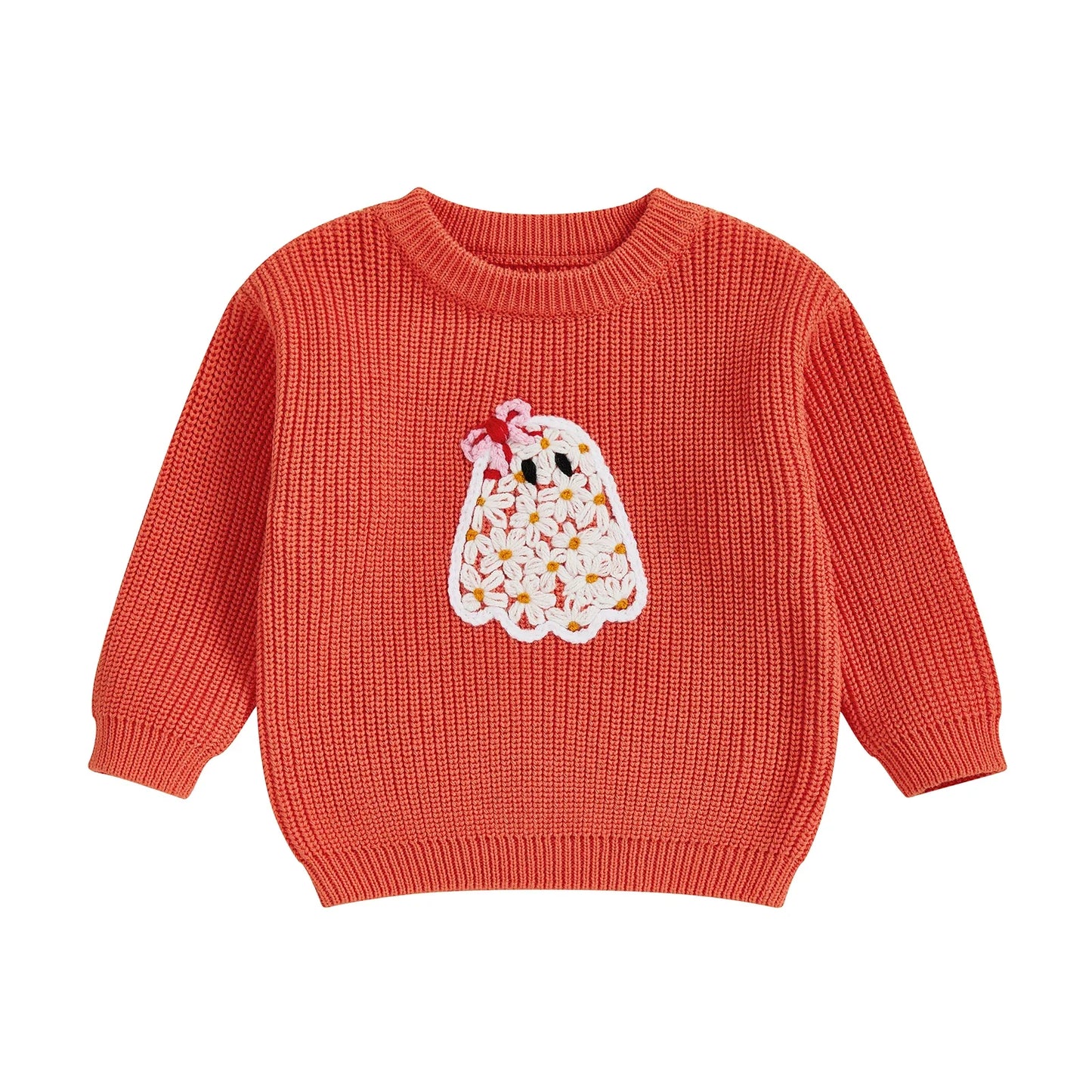 Baby Toddler Kids Girl Halloween Sweater Long Sleeve Round Neck Ghost Flower Embroidery Knit Pullover Top