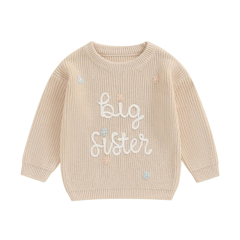 Toddler Kids Girl Big Sister Sweater Cute Long Sleeve Letter Embroidery Knit Pullover Loose Top