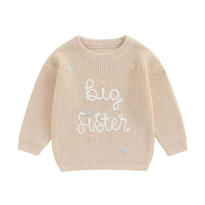 Toddler Kids Girl Big Sister Sweater Cute Long Sleeve Letter Embroidery Knit Pullover Loose Top