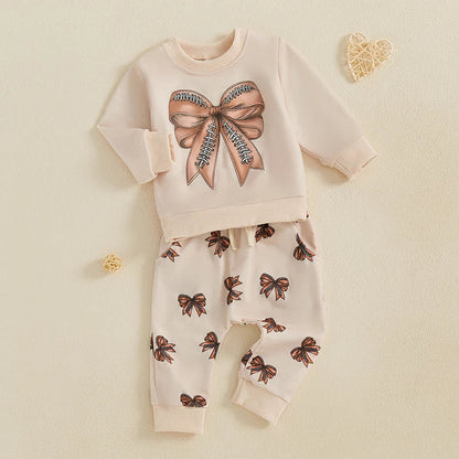 Baby Toddler Girls 2Pcs Fall Outfit Football / Baseball Bow Print Long Sleeve Crewneck Top and Elastic Pants Jogger Set