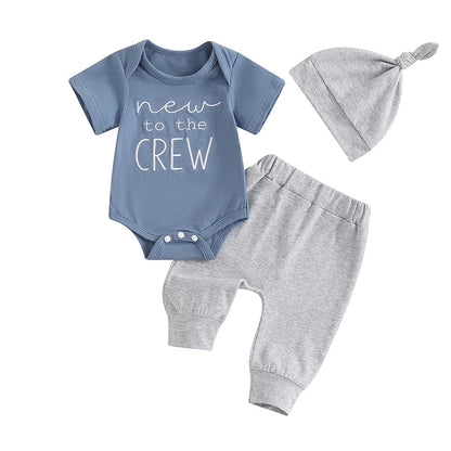 Baby Boy 3Pcs New To The Crew Outfit Letter Short Sleeve Romper with Solid Color Pants and Hat Set