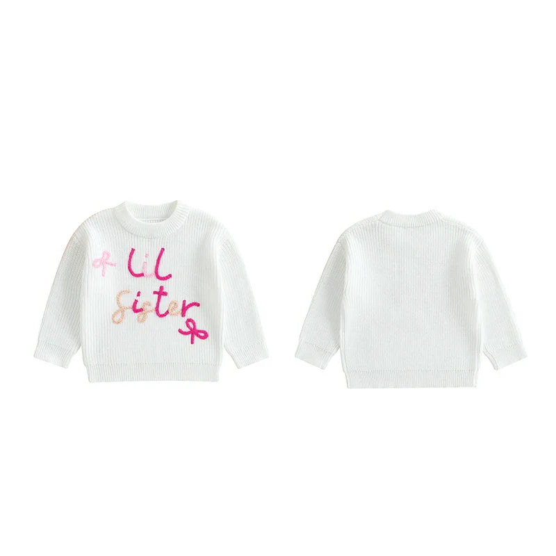 Baby Toddler Girls Lil/Big Sister Sweater Letter Bow Embroidery Crew Neck Long Sleeve Pullover Knit Top