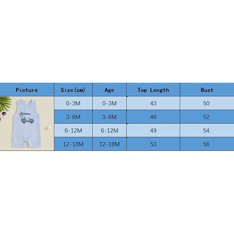 Baby Boys Jumpsuit Sleeveless Crew Neck Striped Embroidery Golf Cart Summer Romper