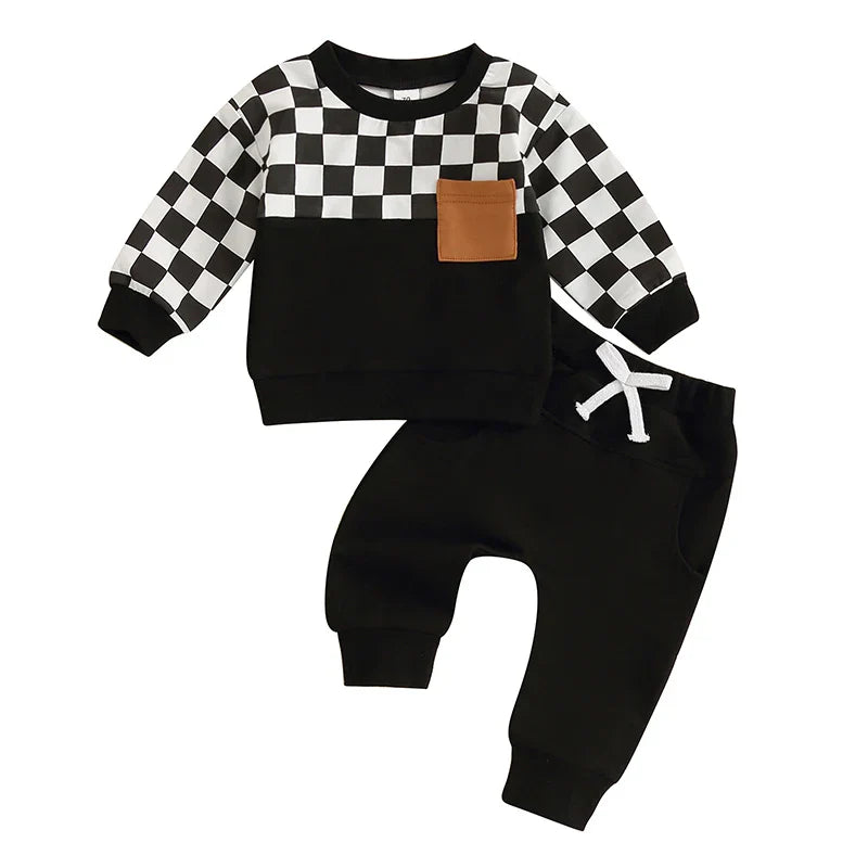 Baby Toddler Boys 2Pcs Fall Clothes Checkerboard Print Long Sleeve Pocket Top with Solid Color Long Pants Outfit Set