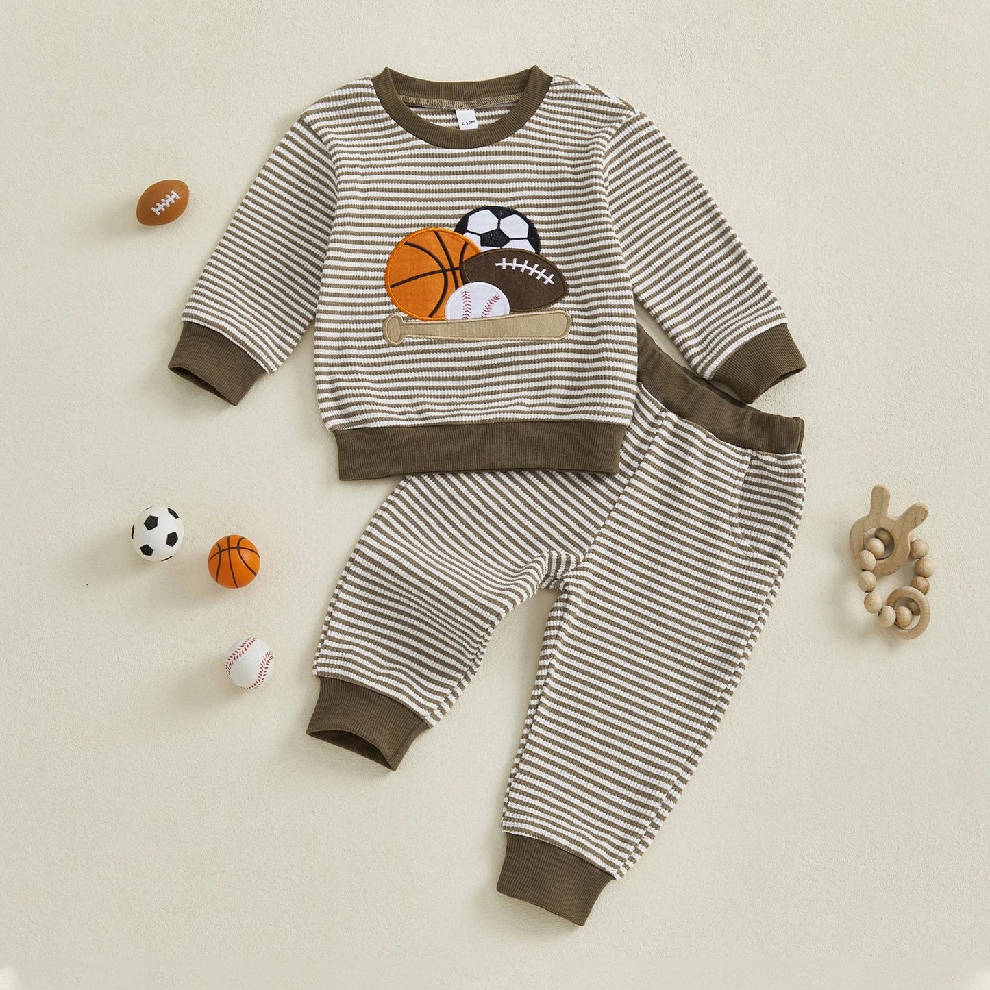 Baby Toddler Boys 2Pcs Fall Outfit Rugby Embroidery Striped Long Sleeve Top and Elastic Pants Clothes Set