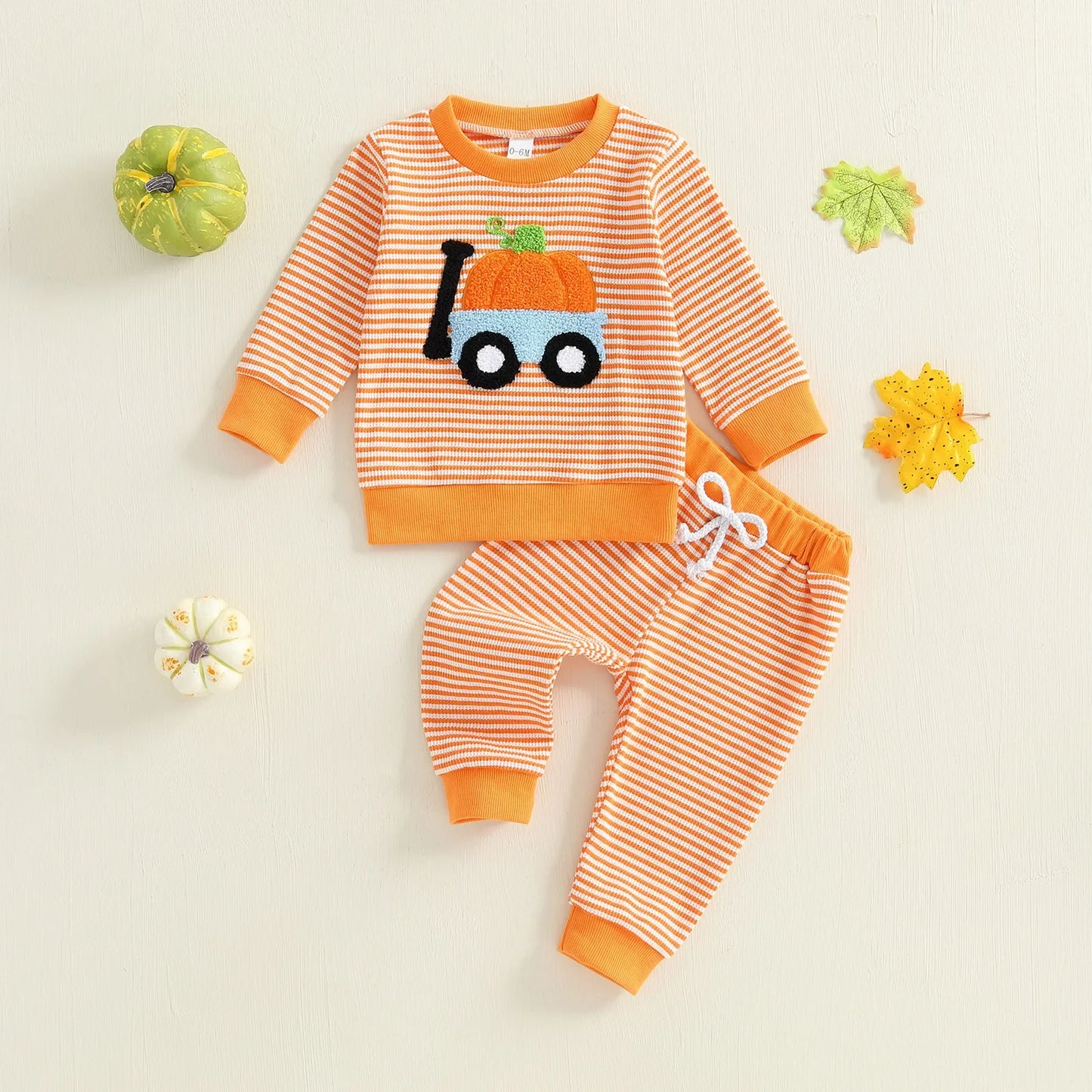 Baby Toddler Boy Girl 2Pcs Halloween Outfit Pumpkin Embroidery Boo Ghost Striped Long Sleeve Top and Elastic Jogger Pants Set
