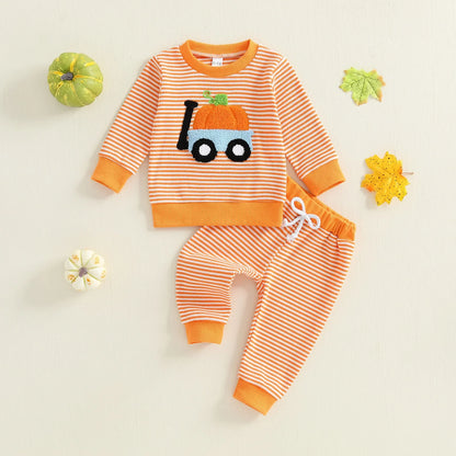 Baby Toddler Boy Girl 2Pcs Halloween Outfit Pumpkin Embroidery Boo Ghost Striped Long Sleeve Top and Elastic Jogger Pants Set