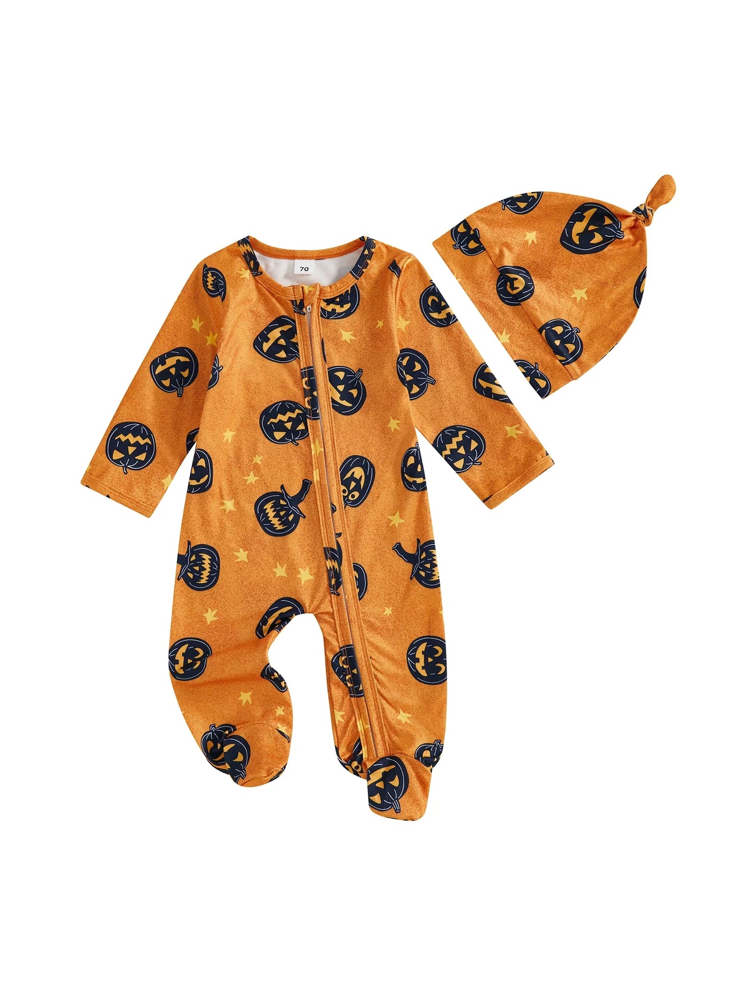 Baby Boy Girl 2Pcs Halloween Footed Zipper Romper Pumpkin Print Long Sleeve Round Neck Zip Jumpsuit with Hat Set