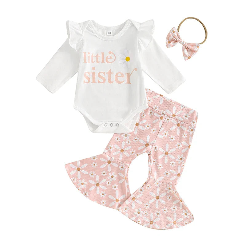 Baby Girls 3Pcs Little Sister Fall Set Frill Sleeve Letter Print Romper Floral Flower Flared Pants Headband Outfit