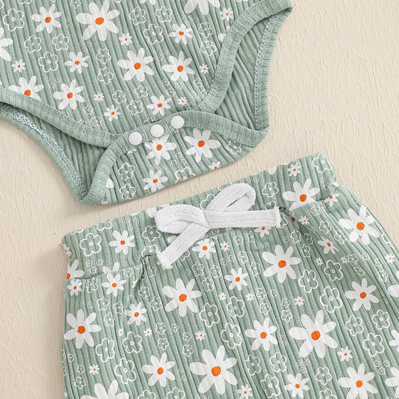 Baby Girl 3Pcs Spring Fall Outfit Floral Print Long Frill Sleeve Romper Long Flower Pants Headband Set