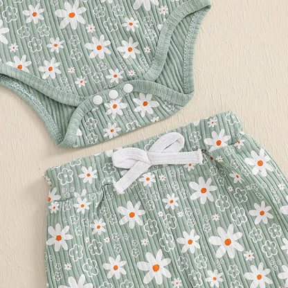 Baby Girl 3Pcs Spring Fall Outfit Floral Print Long Frill Sleeve Romper Long Flower Pants Headband Set