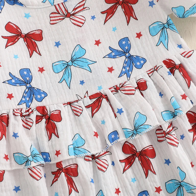 Baby Girl 2Pcs 4th of July Outfit Love Heart Star Pattern Ruffled Crew Neck Short Sleeve Romper & Bow Headband Set
