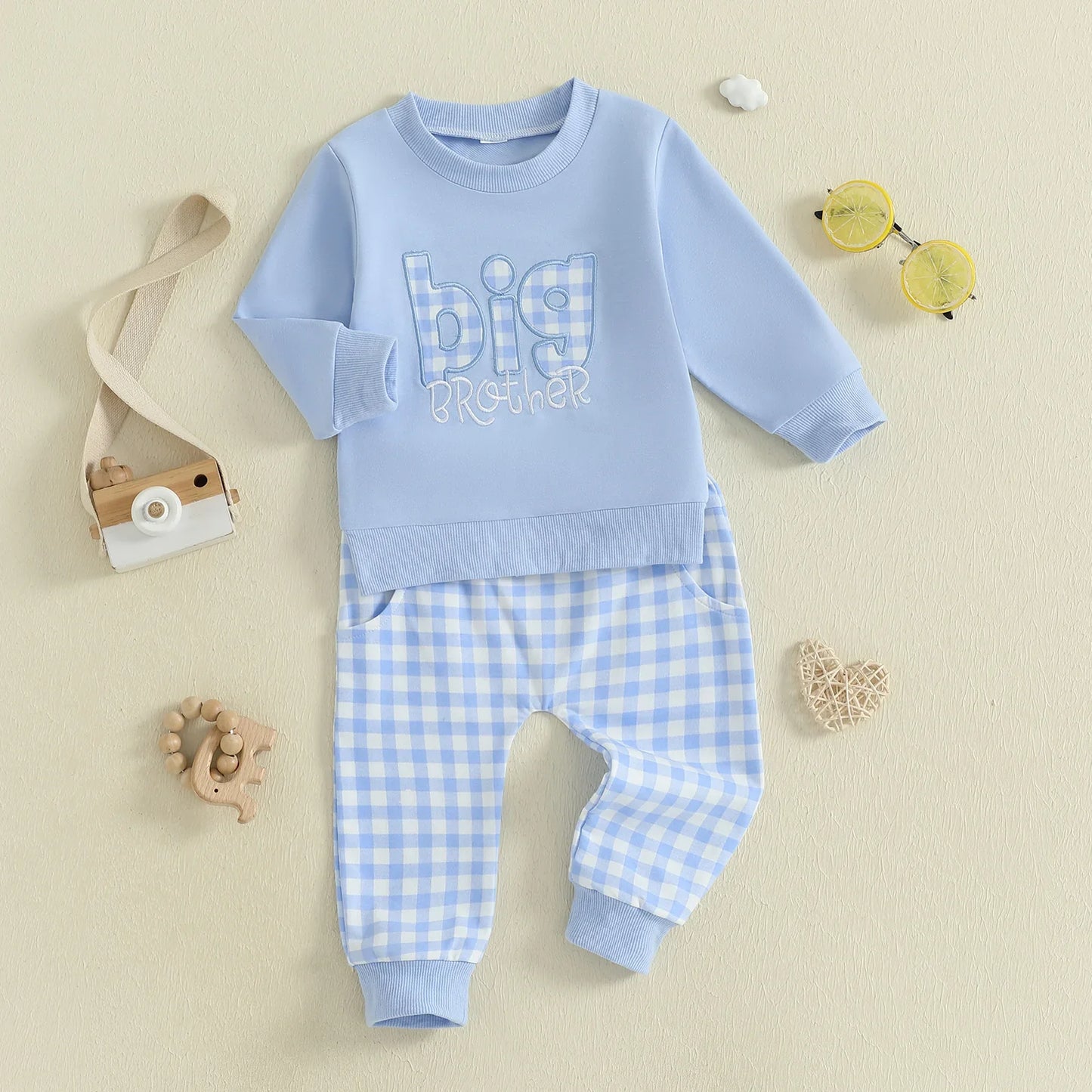 Baby Toddler Boys 2Pcs Fall Outfit Letter Embroidery Big Brother Long Sleeve Top and Elastic Plaid Pants Clothes
