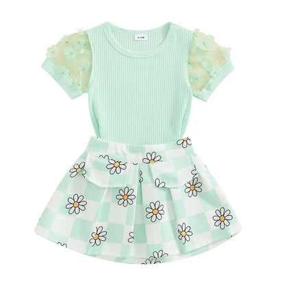 Toddler Kids Girls 2Pcs Summer Outfit Mesh Flower Sleeve Ribbed Top Floral Checker Print Skirt Set
