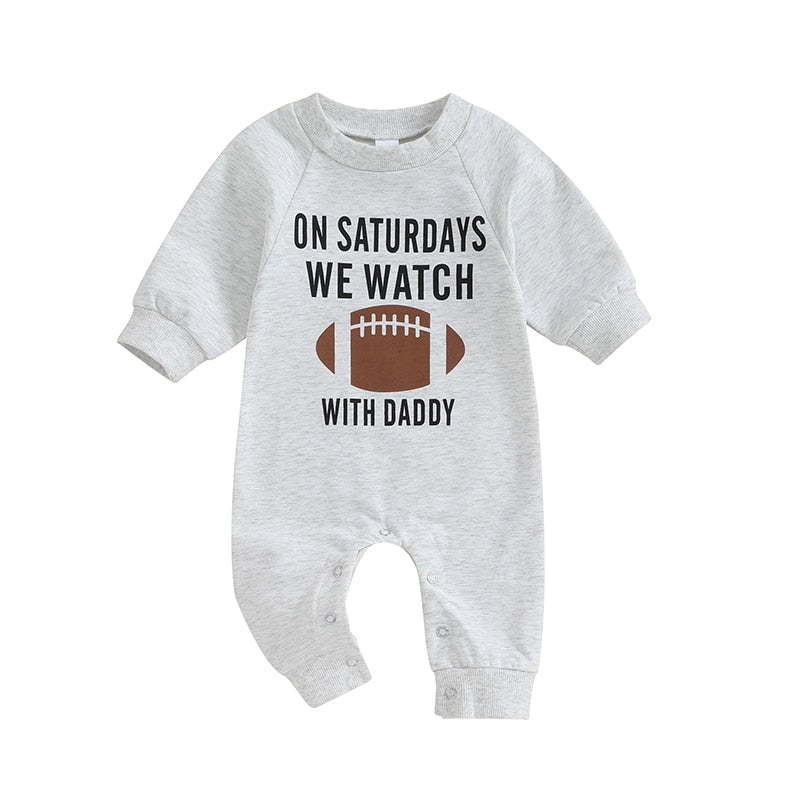 Baby Girl Boy Romper On Saturdays We Watch Football With Daddy Letter Print Long Sleeve Round Neck Jumpsuit Fall Clothes