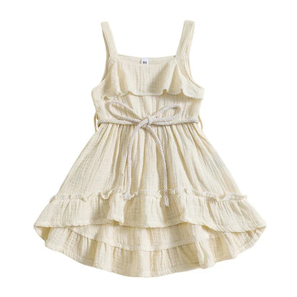 Baby Toddler Girls Summer Dress Casual Sleeveless Tank Square Neck Tie Belt A-Line Dress
