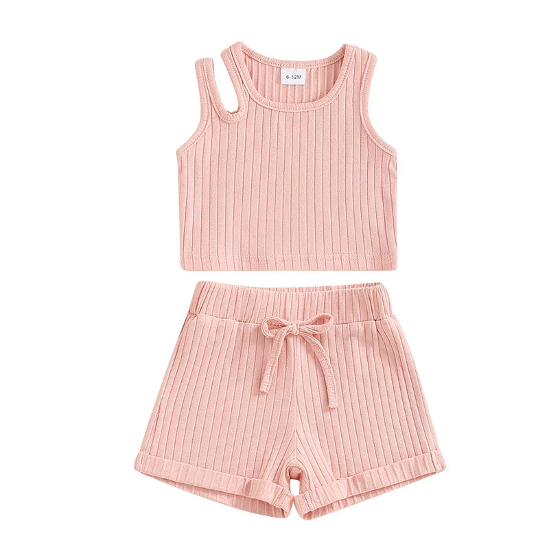Baby Toddler Girls 2Pcs Ribbed Tank Top Elastic Waistband Drawstring Shorts Matching Outfit Set