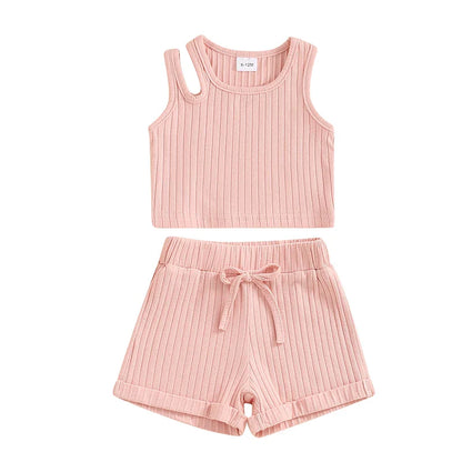 Baby Toddler Girls 2Pcs Ribbed Tank Top Elastic Waistband Drawstring Shorts Matching Outfit Set