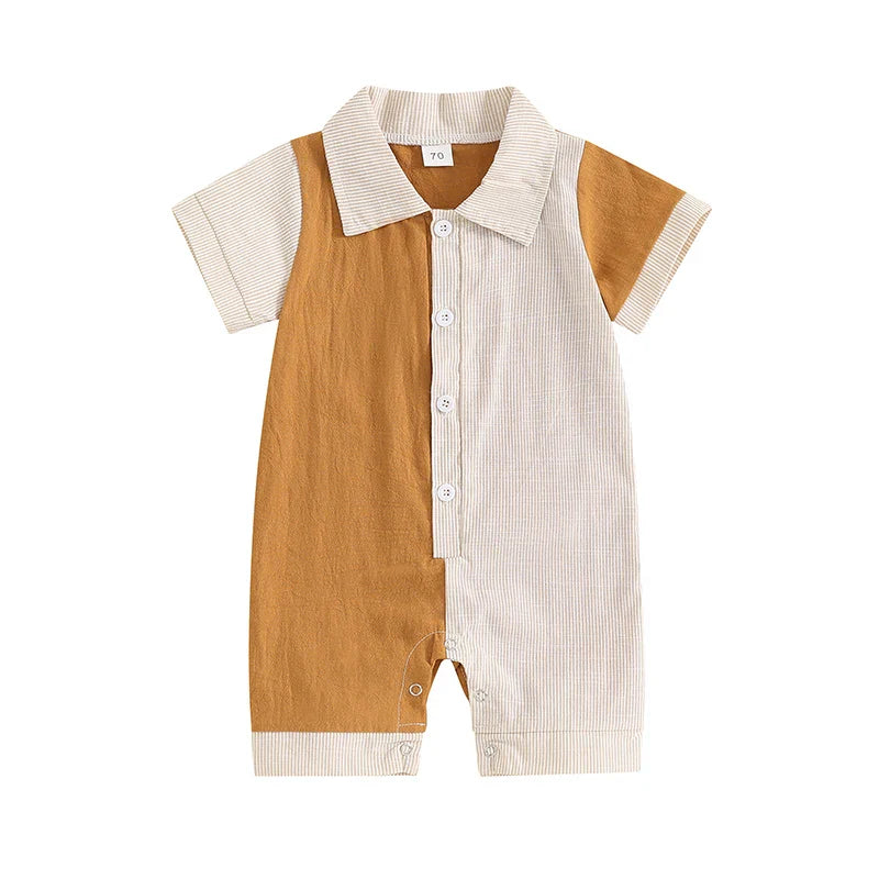 Baby Boy Jumpsuit Summer Short Sleeve Lapel Collar Stripes Contrast Color Print Romper Playsuit