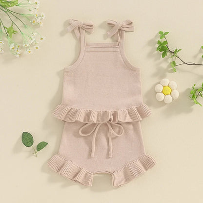 Baby Girl 2Pcs Outfits Knit Solid Color Sleeveless Cami Tank Top Tie with Elastic Waist Shorts Outfit Set