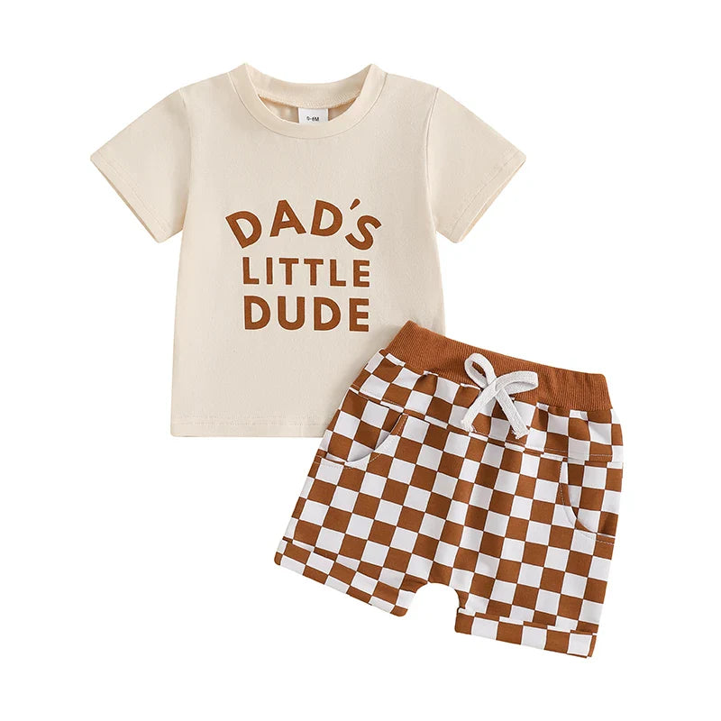 Baby Toddler Boys 2Pcs Dad's Little Dude Summer Outfit Letter Print Short Sleeve T-Shirt Top and Elastic Checkered Print Shorts Set