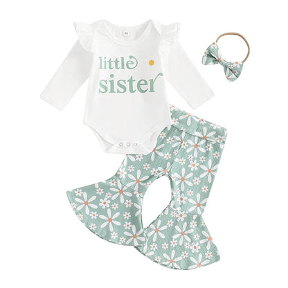 Baby Girls 3Pcs Little Sister Fall Set Frill Sleeve Letter Print Romper Floral Flower Flared Pants Headband Outfit