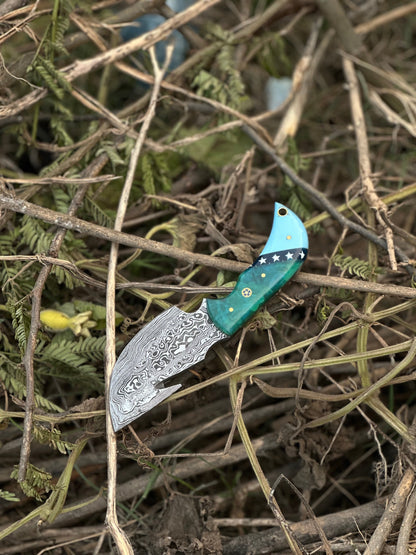 Elite Custom Handmade Damascus Steel Guthook Skinning Knife with Resin Handle - 7.5” Premium Blade with Leather Sheath