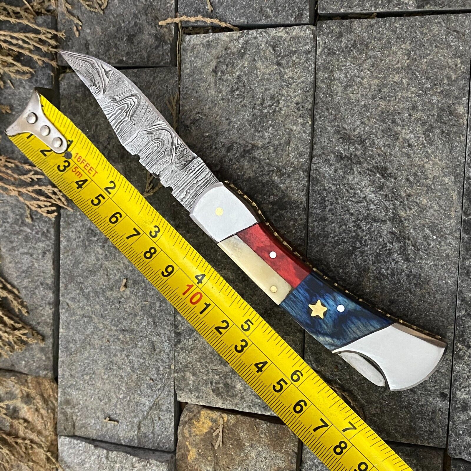 Damascus Steel Pocket Knife with Texas Flag Handle – 3" Blade, Leather Sheath