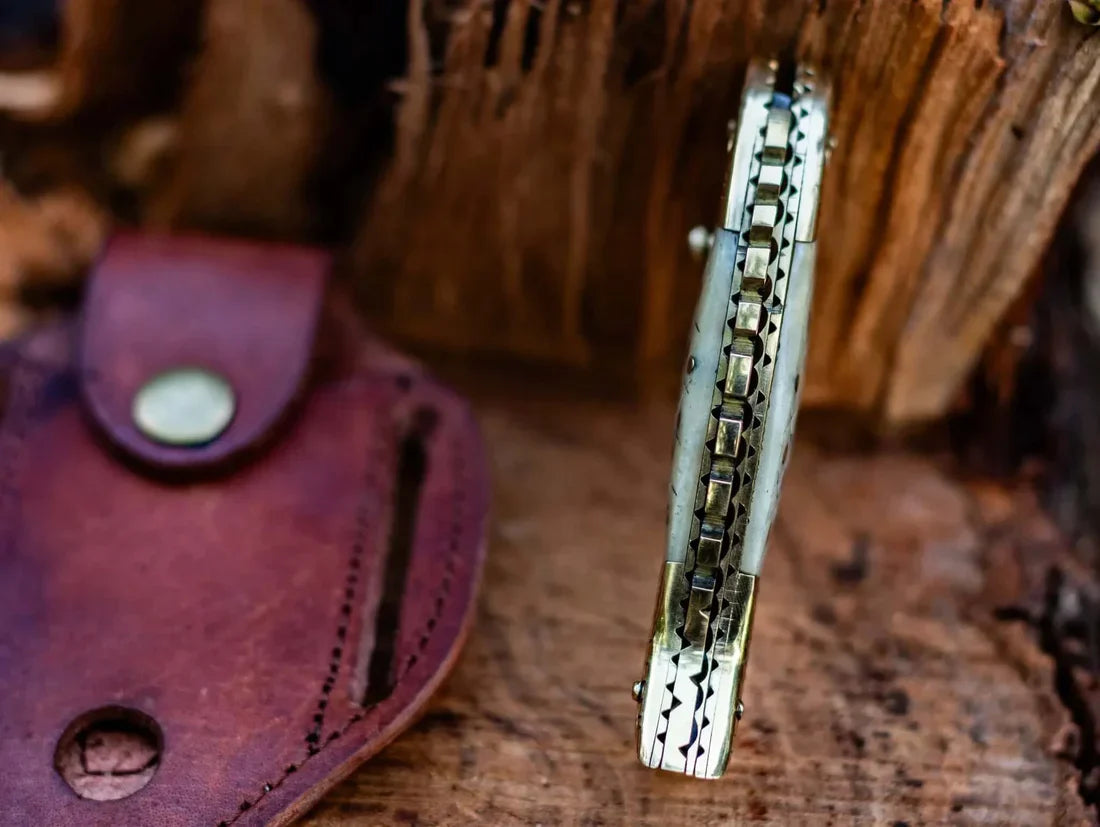 Custom Handmade Fish Style Damascus Steel Folding Knife with Sheep Horn & Brass Handle - Includes Leather Sheath