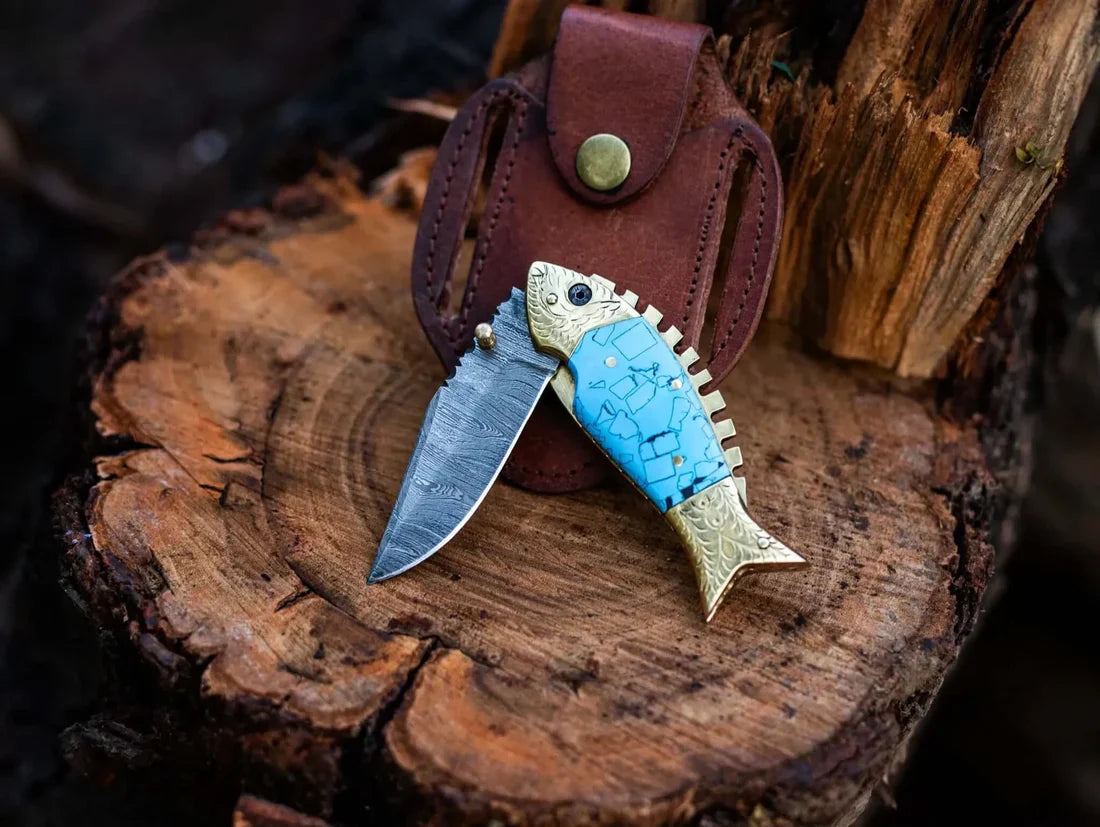 Custom Handmade Fish Style Damascus Steel Folding Knife with Epoxy Resin Handle & Brass Accents - Includes Leather Sheath