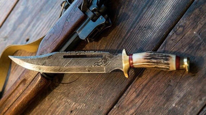 Damascus Steel Vintage Bowie Knife – 13" with Brass Guard & Stag Horn Handle, Comes with Leather Sheath