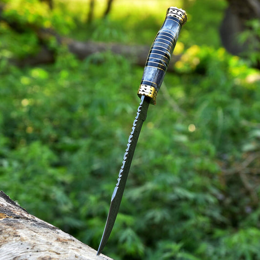 Vintage Original Damascus Steel Bowie Knife – 13" with Brass Guard and Camel Bone Handle