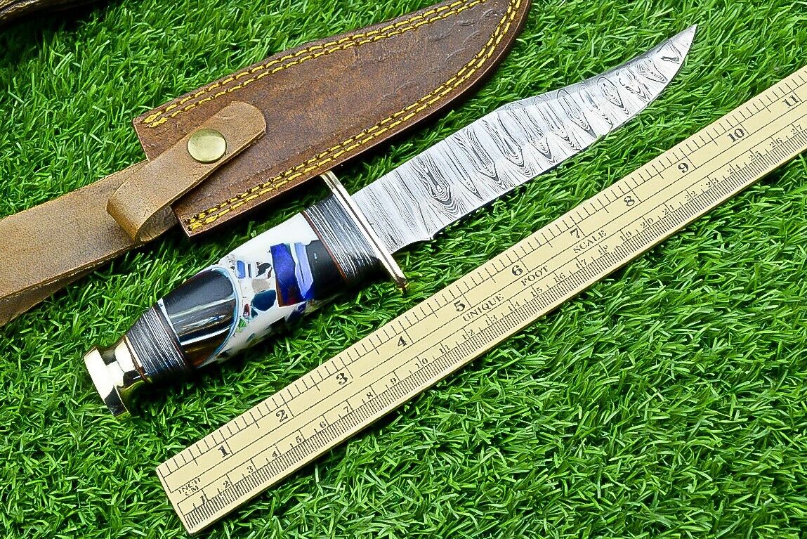 Hand-Forged Western Boulder Colorado Knife – 11" Damascus Steel Blade with Brass Guard & Resin Grip