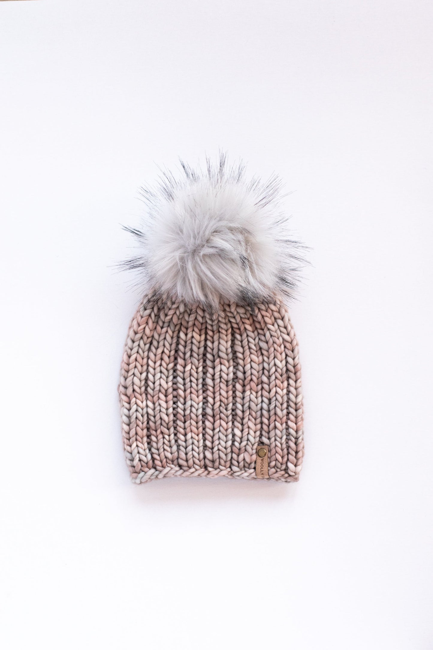 Pearl Gray Merino Wool Ribbed Knit Hat with Faux Fur Pom Pom