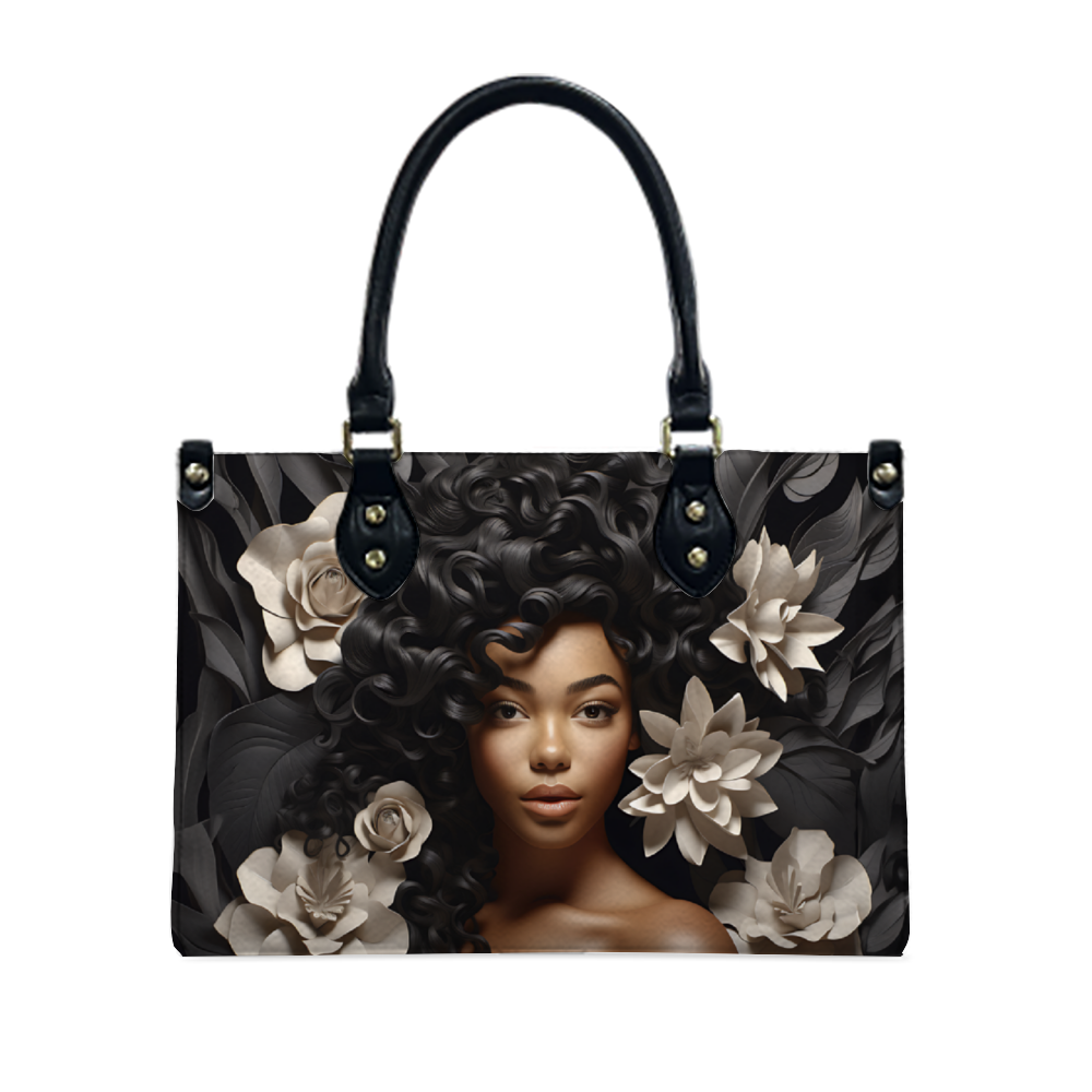 Black Women Flower Tan PU Handbag Chic and Practical Women Fashion PU Leather Tote