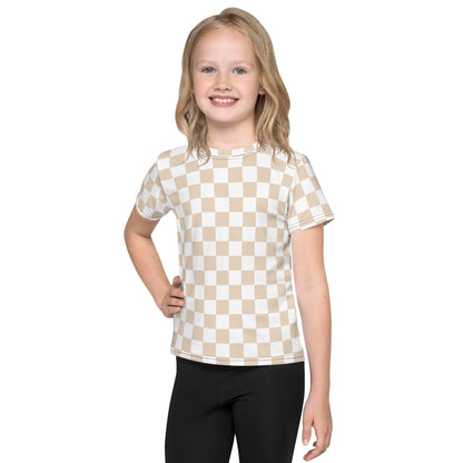 Checkered Tan White Toddler Kids Crew Neck T-shirt
