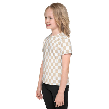 Checkered Tan White Toddler Kids Crew Neck T-shirt