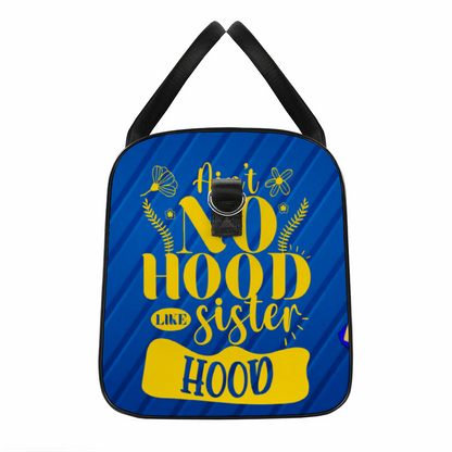 Blue and Gold Aint No Hood Like Sisterhood Large Bag, Luggage, Travel, Gym, Travel Tote