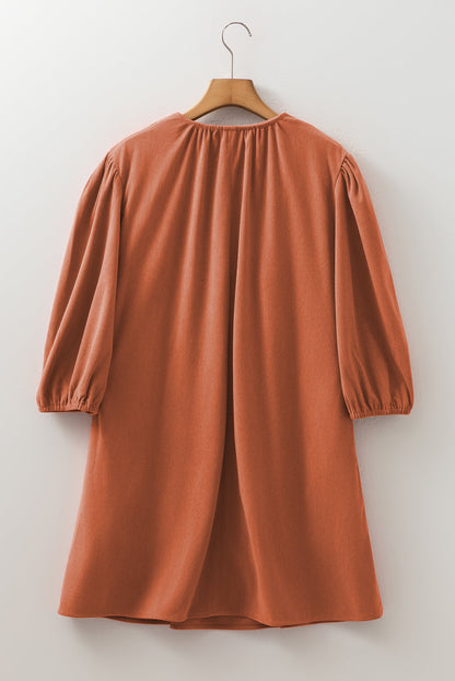 Alyssa Split Neck Scallop Detail Pleated Corduroy Mini Dress