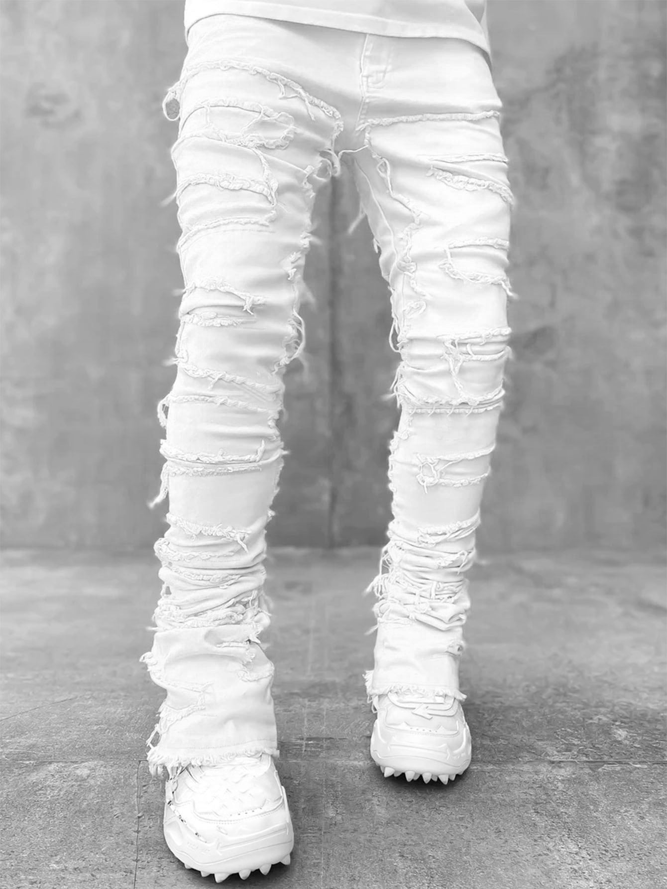 Patched Pants Long Tight Fit Stacked Jeans