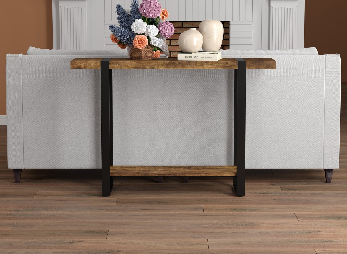 Console Sofa Table Brown Reclaimed Wood 1 Shelf Black Metal Base