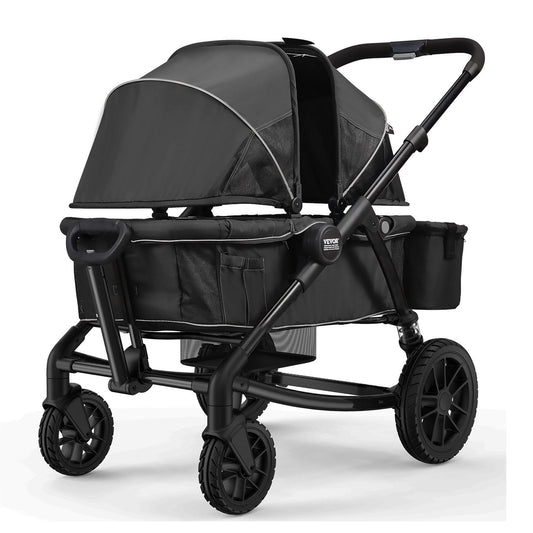 All-Terrain Stroller Wagon, 2 Seats Foldable Expedition 2-in-1 Collapsible Wagon Stroller, Includes Canopy, Parent Organizer, Snack Tray & Cup Holders, 55lbs for Single Seat, Black