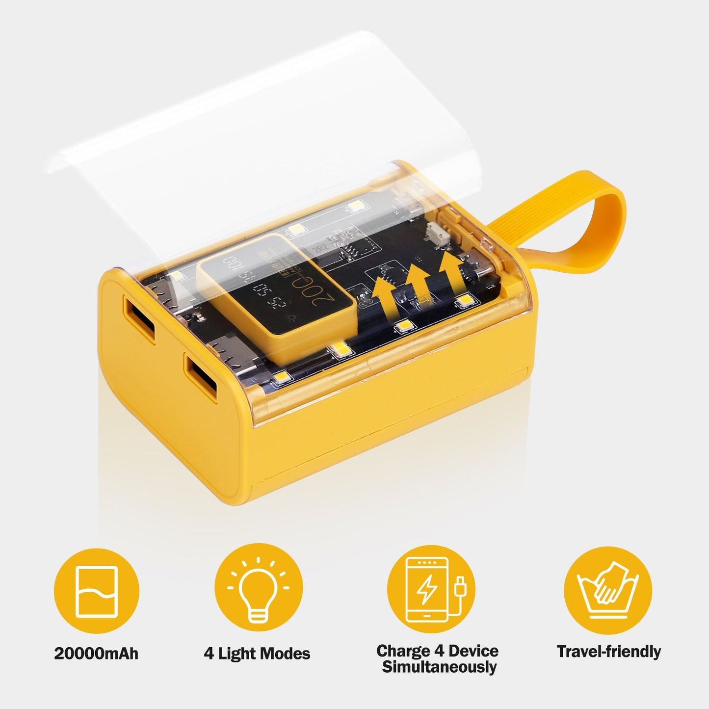 20000mAh Transparent Power Bank Portable Mini Phone Charger External Battery Pack with 3 Inbuilt Cables 4 Light Modes Digital Display Handle